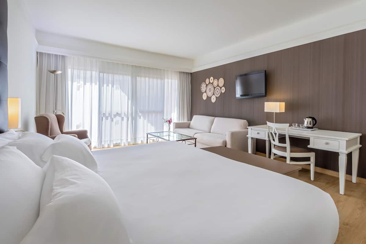 A hotel room with a large bed, a desk, a sofa, a TV, and a window with curtains.