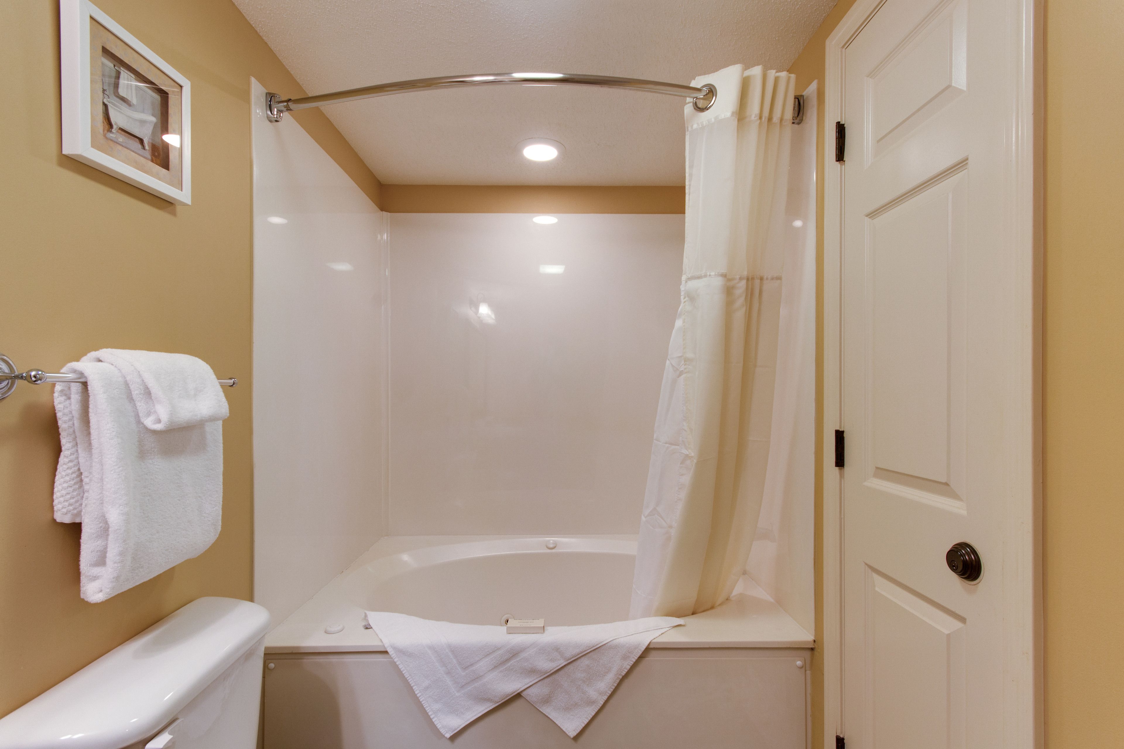 Une salle de bain avec une baignoire, des toilettes et un rideau de douche.