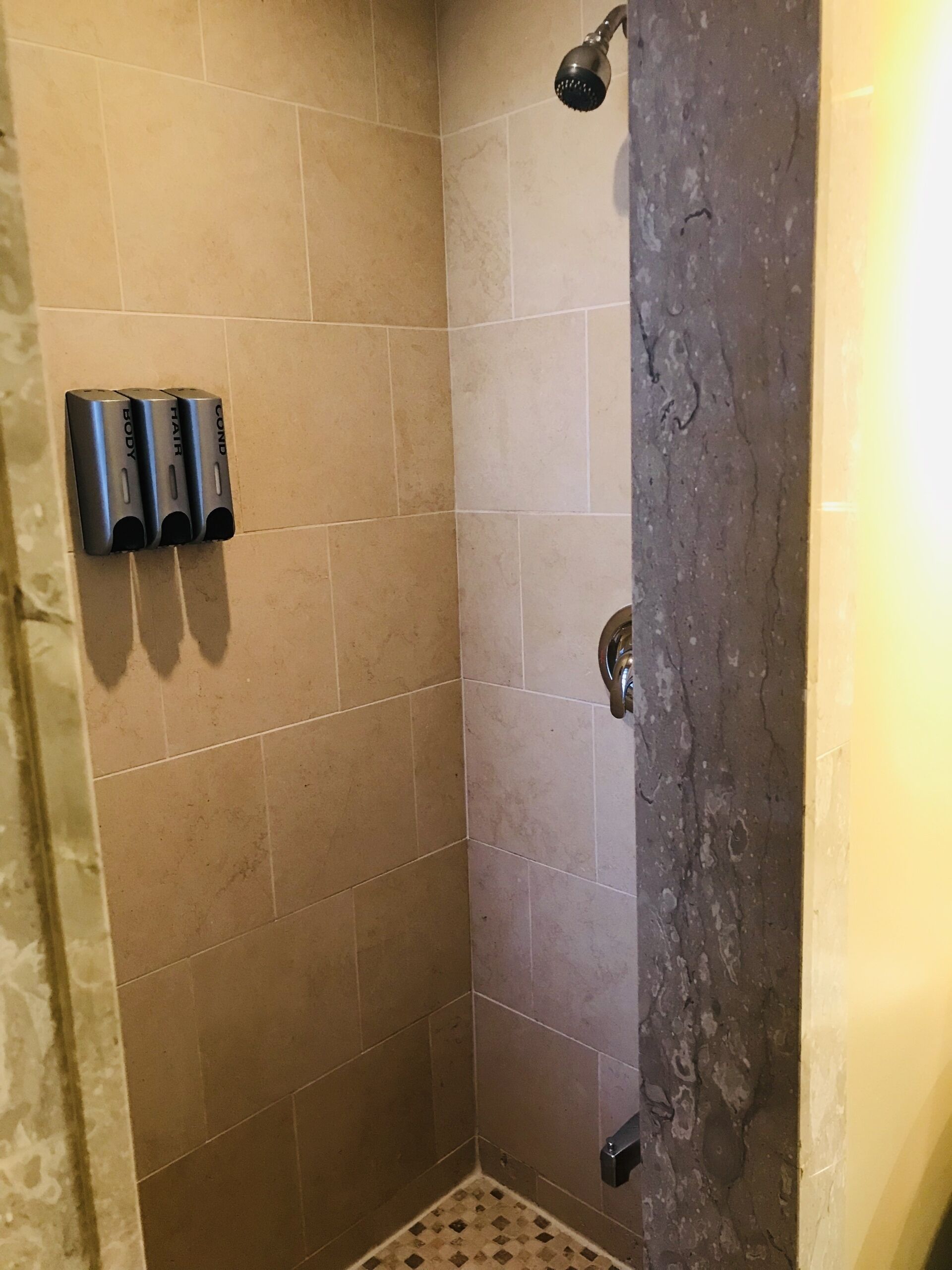 A shower area with beige tiles, a showerhead, and three soap dispensers labeled "BODY," "HAIR," and "COND."