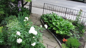 Un jardin agrémenté de diverses plantes et fleurs, un sentier en pierre et une clôture en métal.