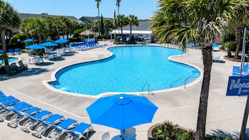 Indoor pool, outdoor pool, pool umbrellas, pool loungers