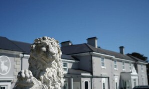 A stone lion statue in front of a row of houses.