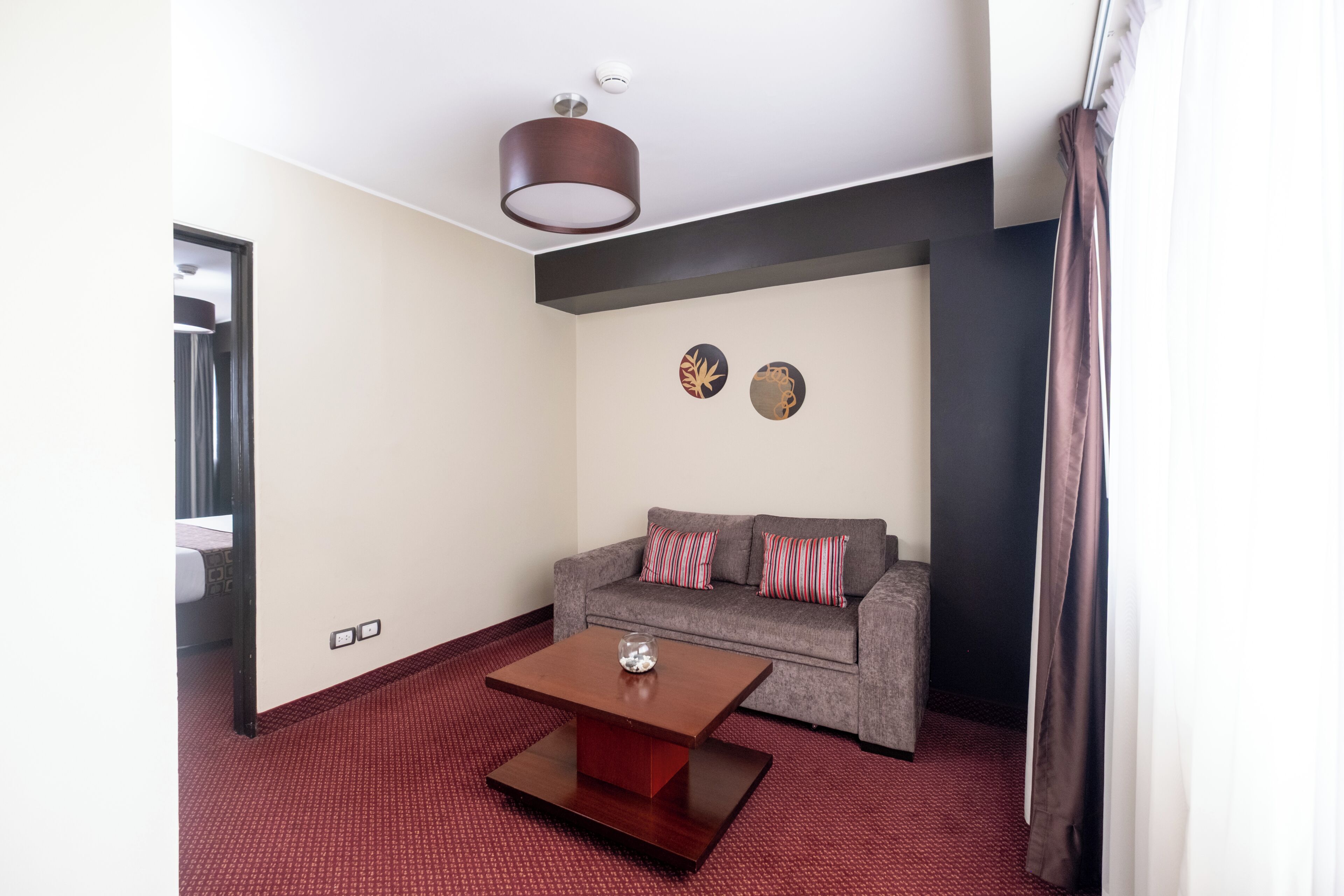 Une pièce comprenant un canapé, une table basse, un luminaire au plafond et deux éléments de décoration murale.