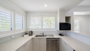 A modern kitchen with white cabinets, a stainless steel dishwasher, a sink, and a microwave.