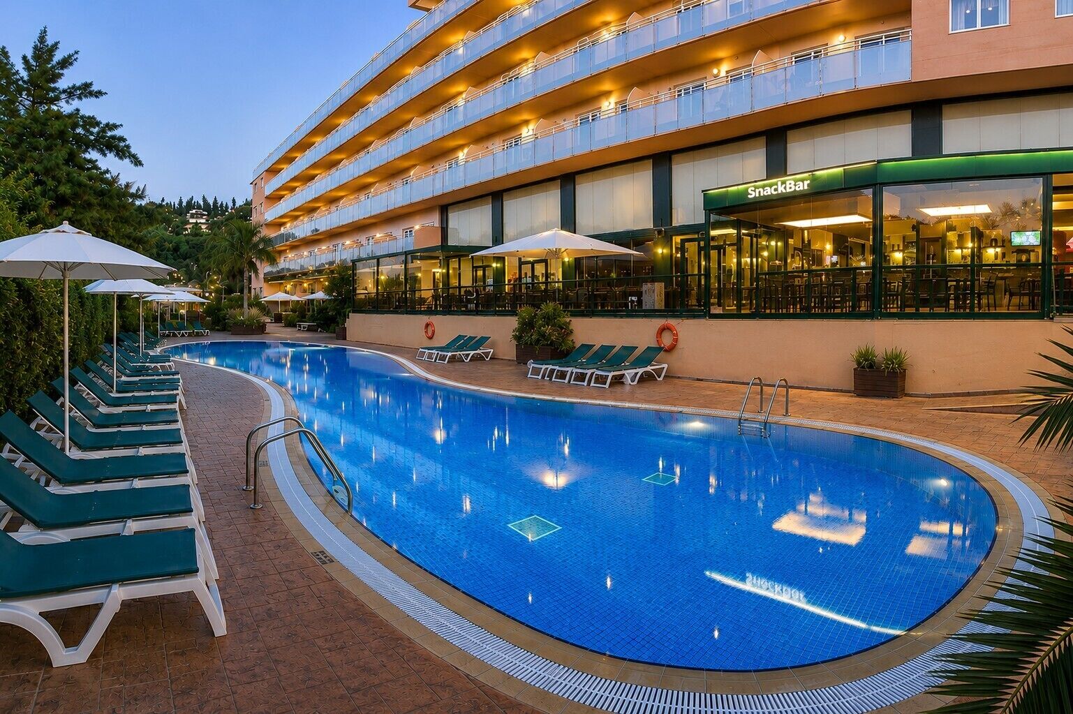 Outdoor pool, pool umbrellas, pool loungers