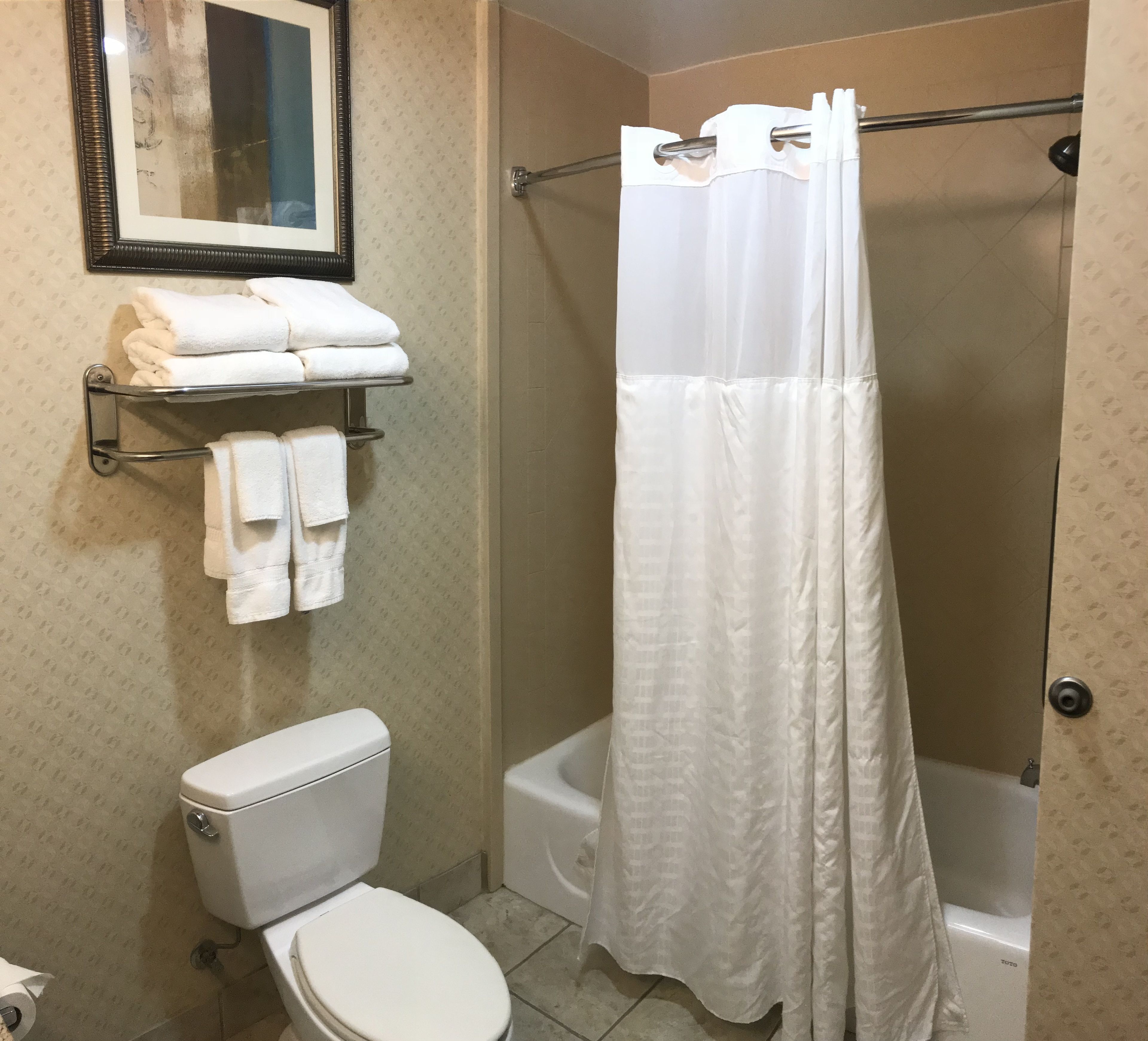 combined shower/bathtub, deep-soaking bathtub, free toiletries