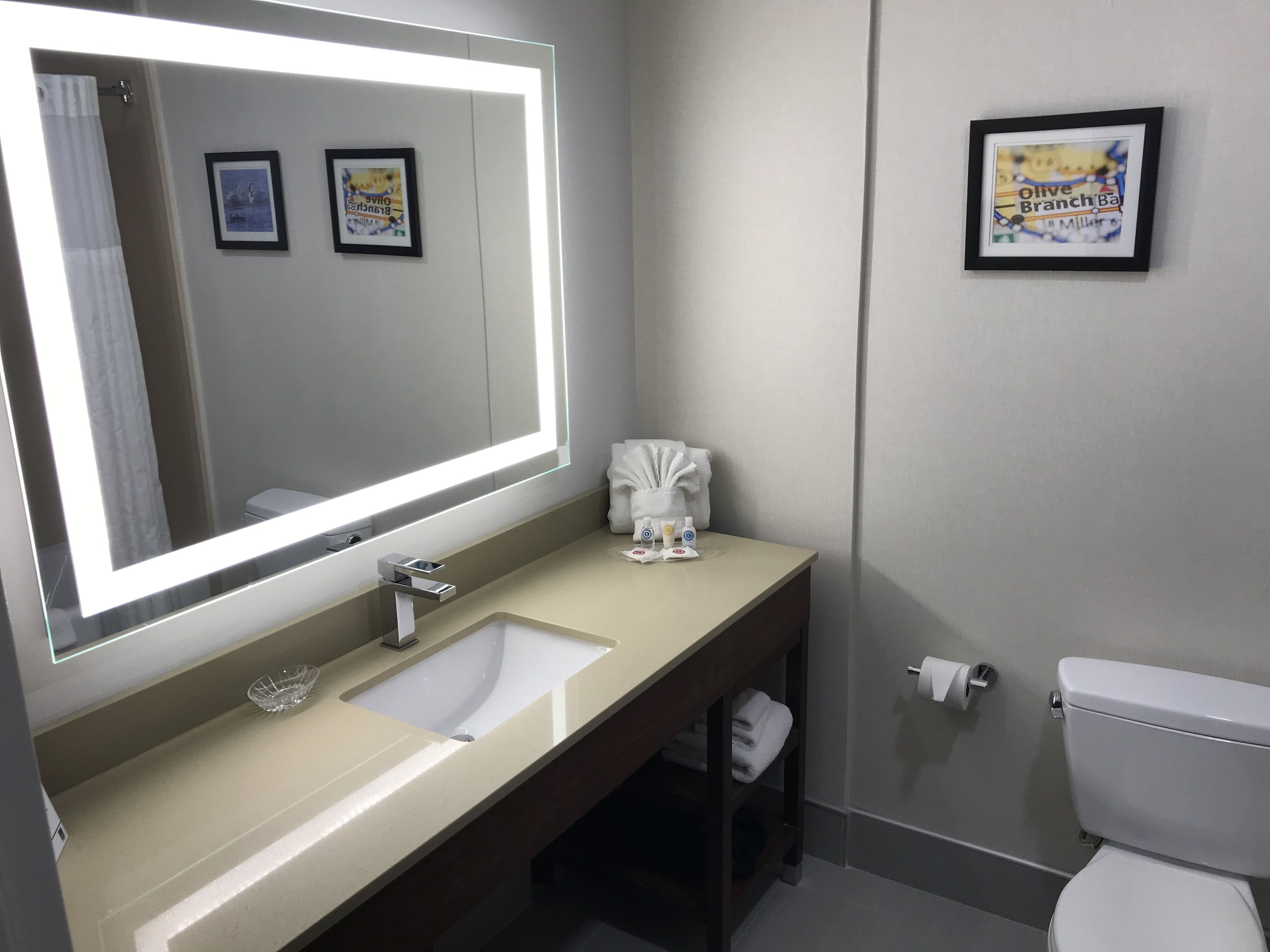 A bathroom with a large mirror, a sink, a toilet, and a towel rack.