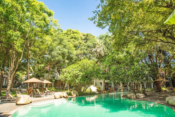 2 outdoor pools, open 7 AM to 9 PM, pool umbrellas, sun loungers