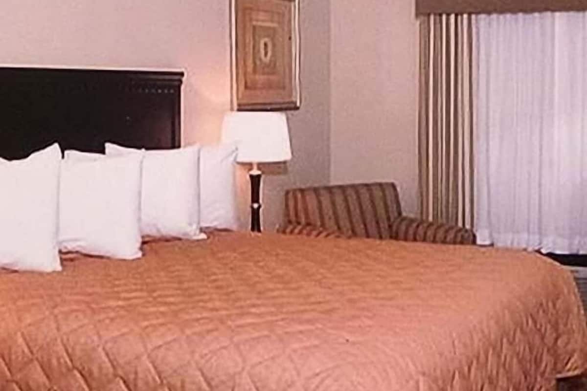 A neatly made bed with a brown quilt, a bedside lamp, and a framed picture on the wall.
