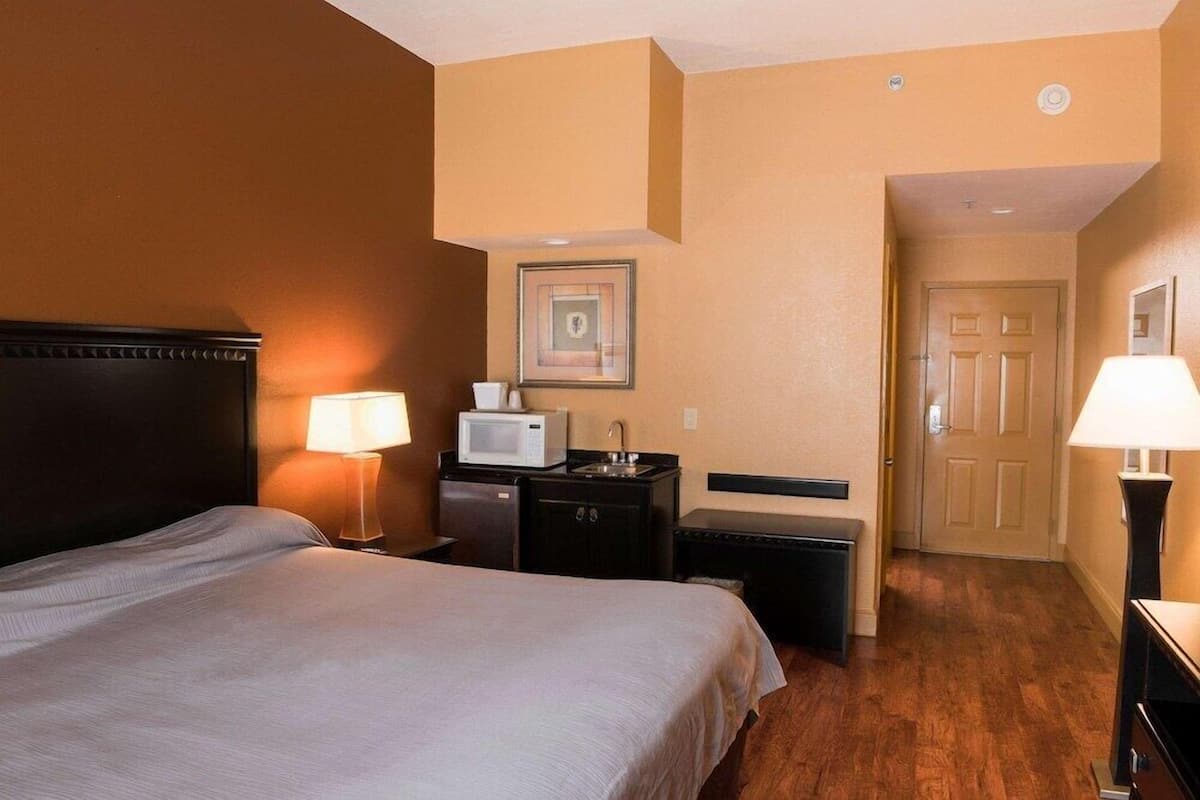 A hotel room with a bed, a desk with a microwave, a sink, and a door leading to another room.