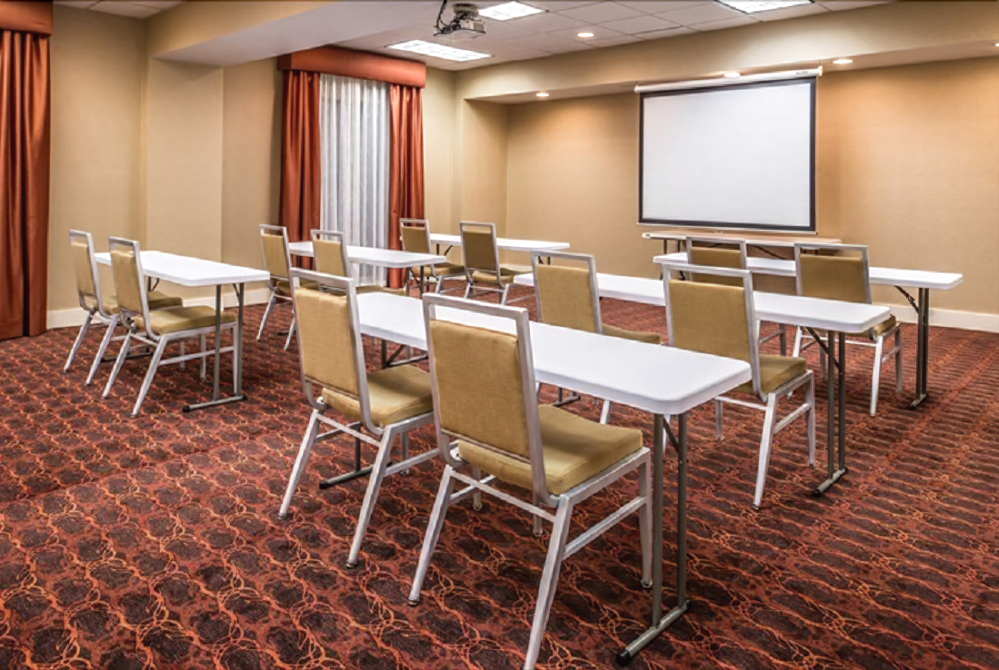 Una sala conferenze con tavoli e sedie, uno schermo per proiettore e un pavimento in moquette.