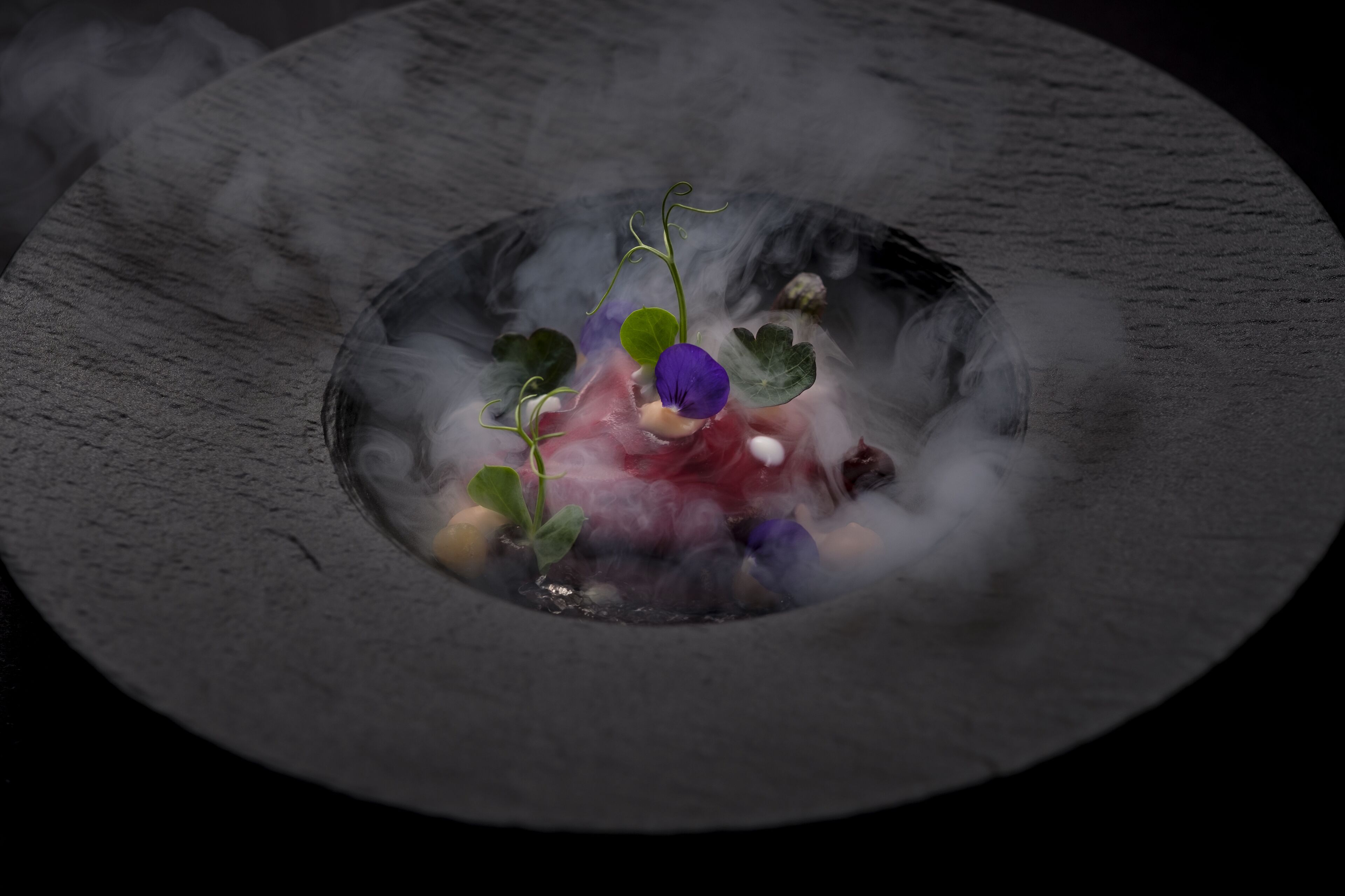 Primer plano de un plato con diversos ingredientes y una flor morada, rodeado de vapor.