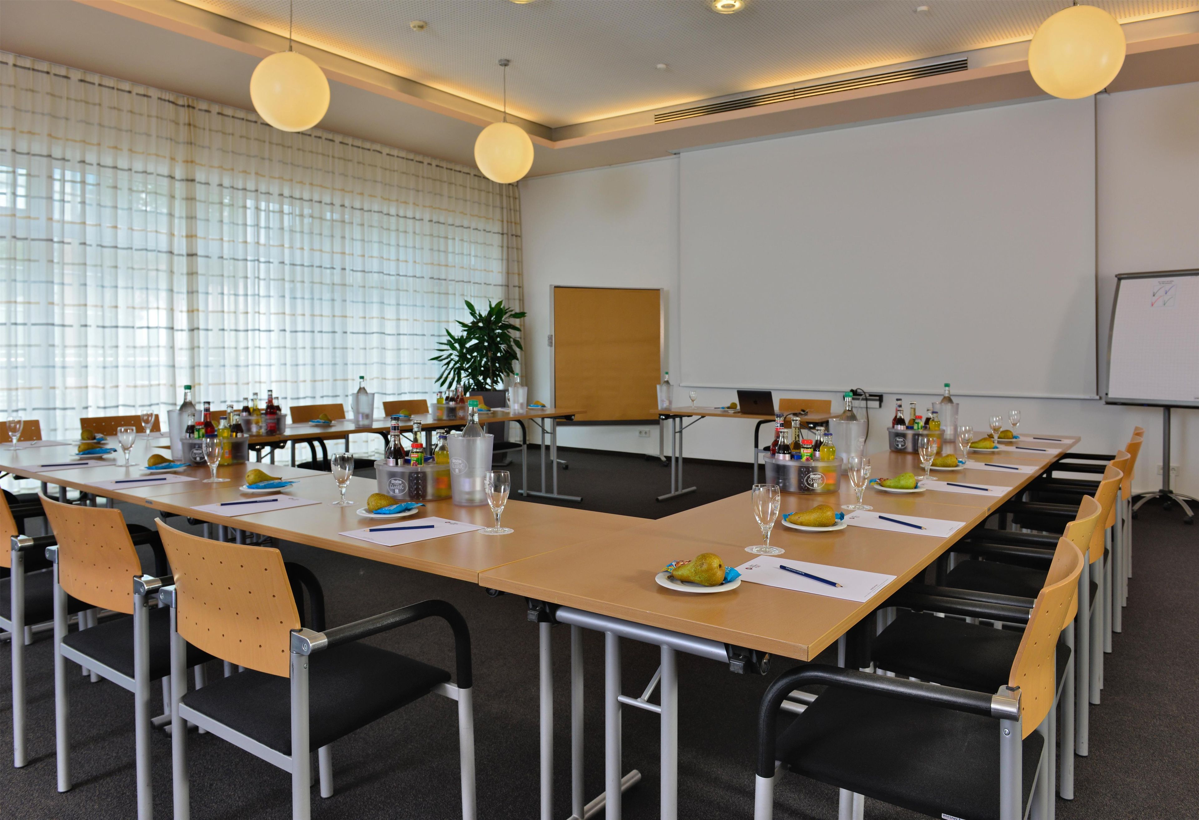 A conference room with a long table, chairs, a projector screen, and a plant.