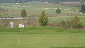 Campo de golf con una bandera, árboles y una vista distante de una masa de agua.