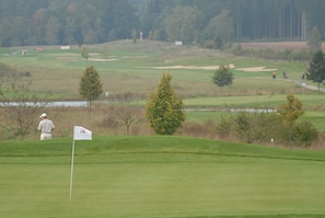 Campo de golf con una bandera, árboles y una vista distante de una masa de agua.