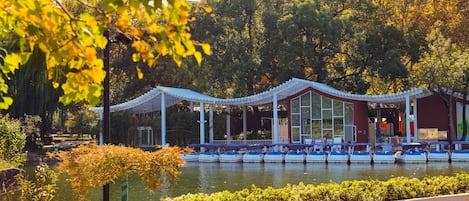 A riverside pavilion with boats docked in front, surrounded by trees and a cityscape in the background.