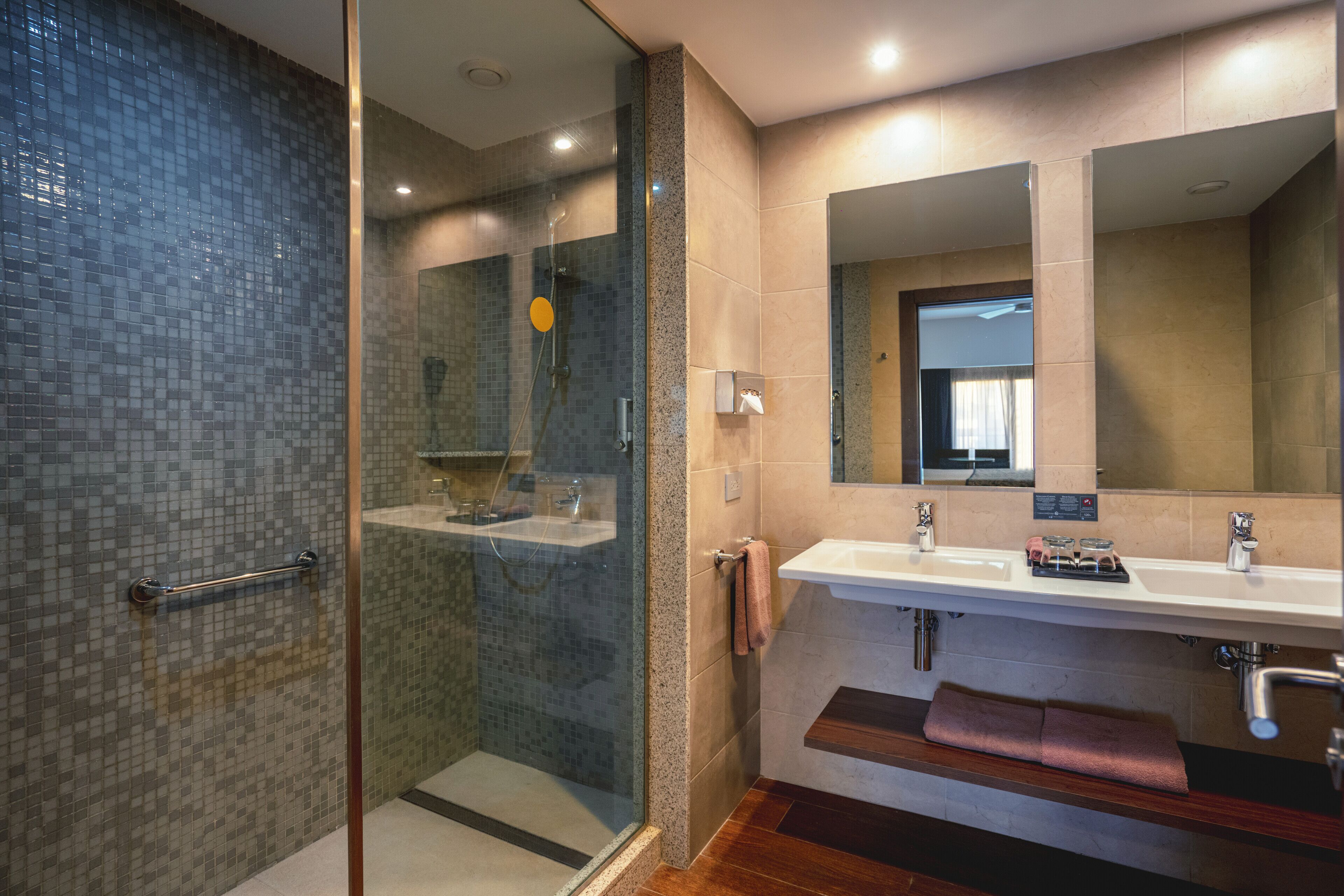 Shower, eco-friendly toiletries, hair dryer, towels