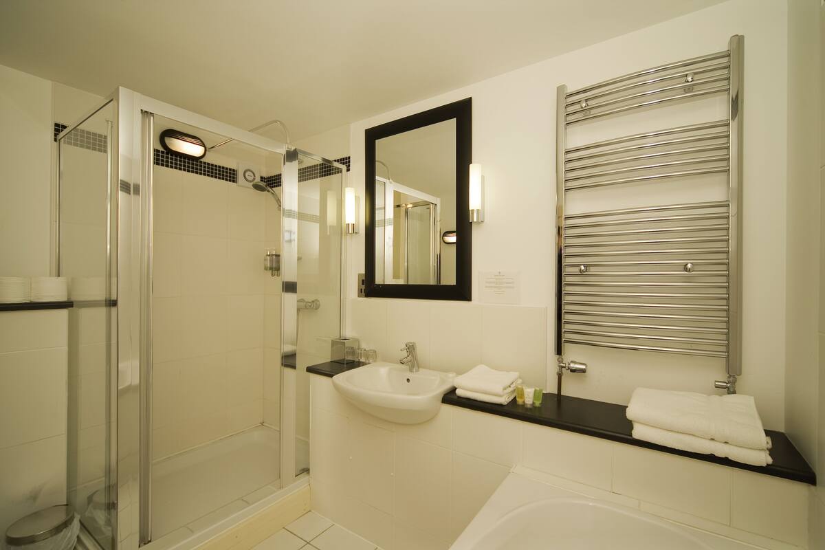 free toiletries, hair dryer, towels, shampoo