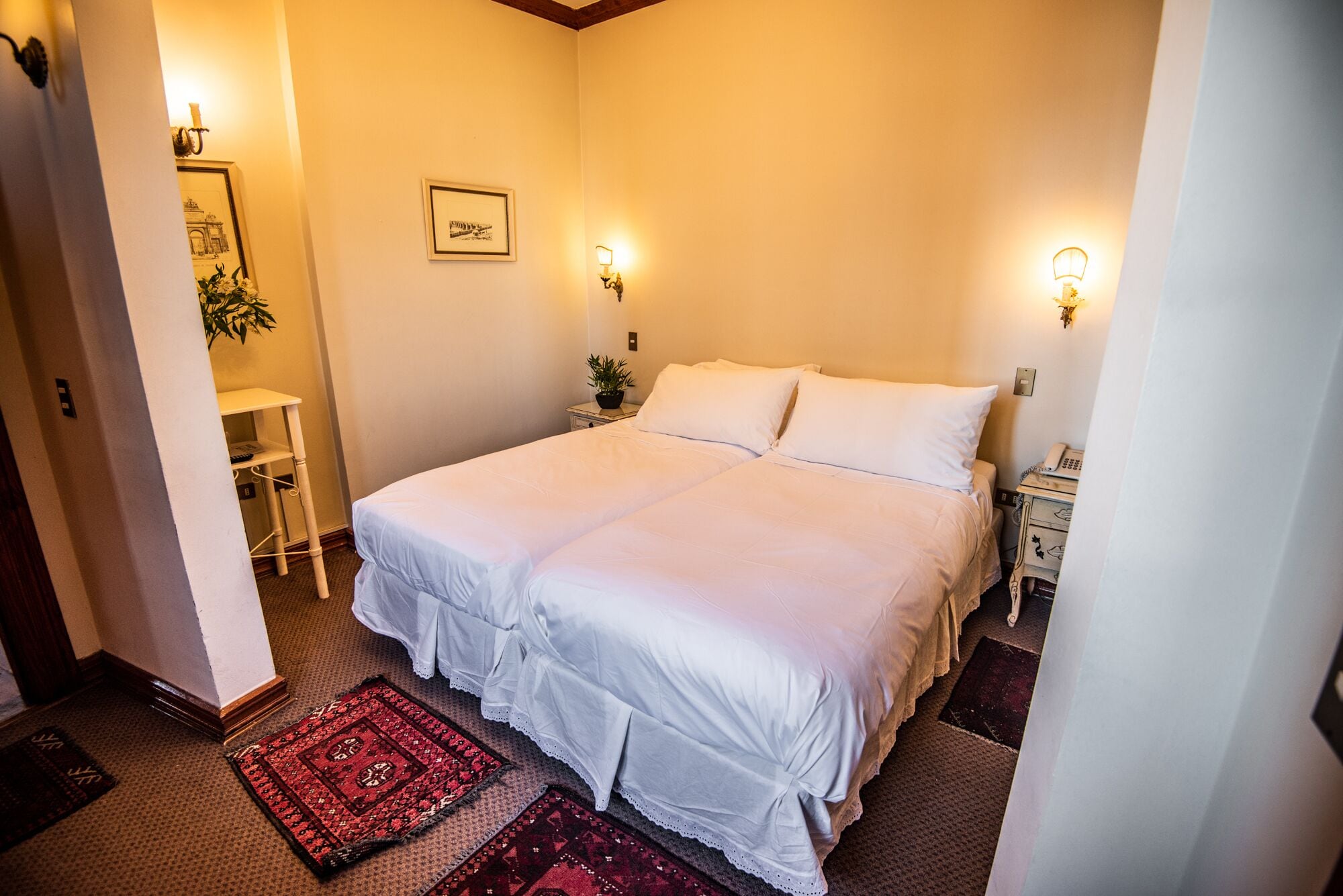 Una cama doble con sábanas blancas, dos mesitas de noche con lámparas, un cuadro enmarcado en la pared y una alfombra roja con diseño en el suelo.