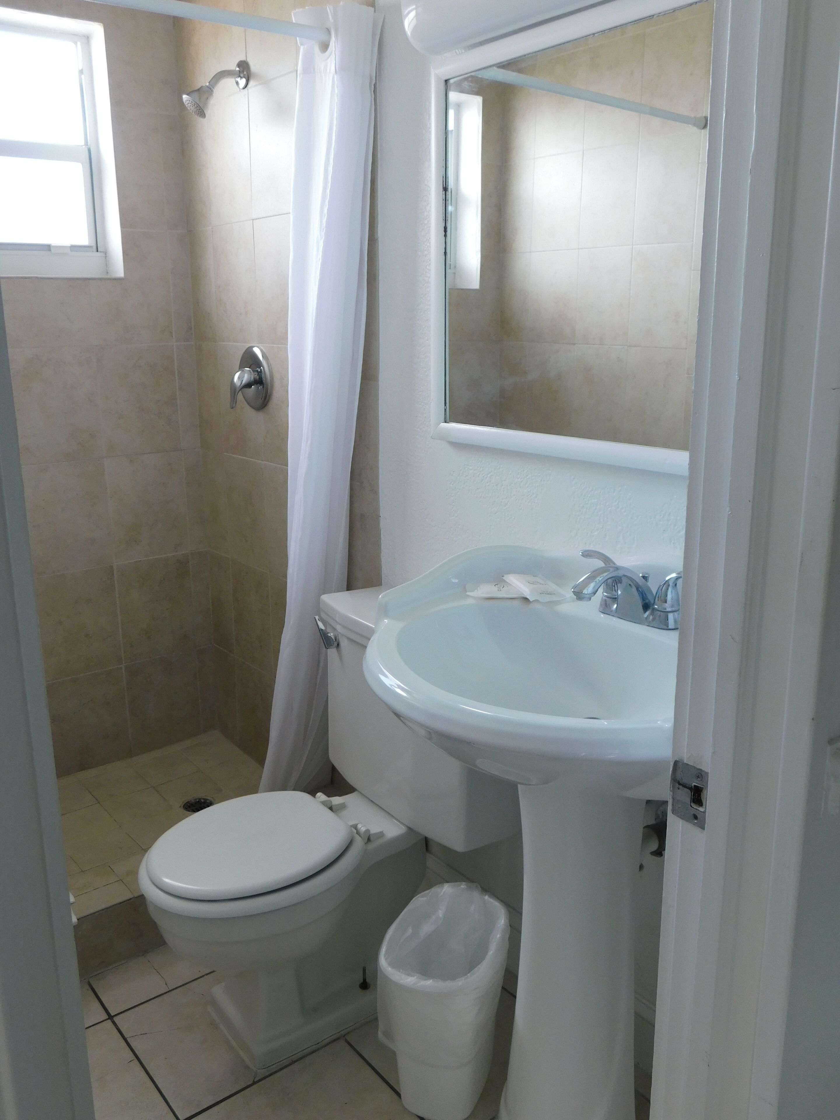 A bathroom with a toilet, a sink, and a shower.