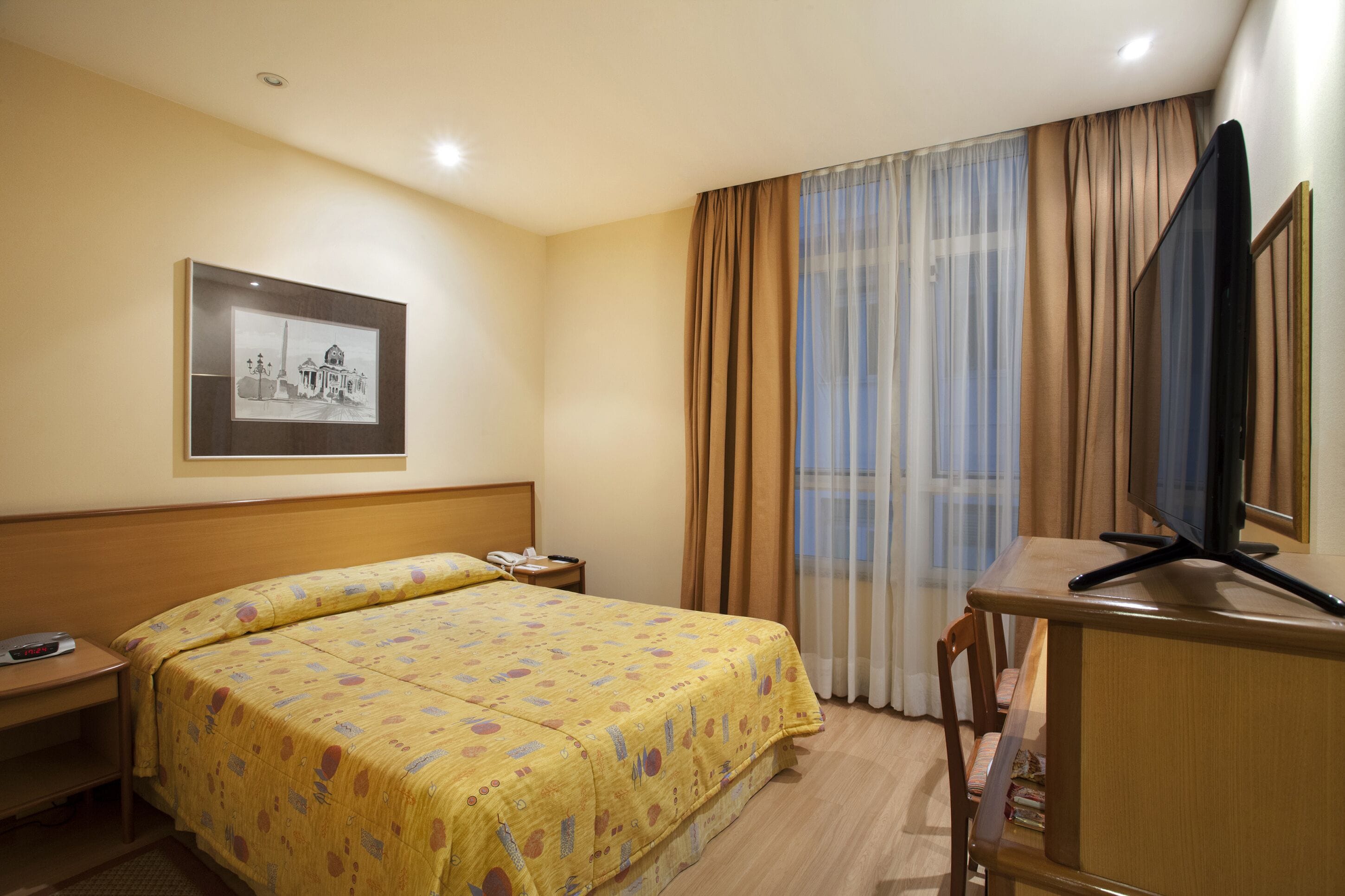 A hotel room with a bed, a desk, a television, a framed picture on the wall, and a window with curtains.