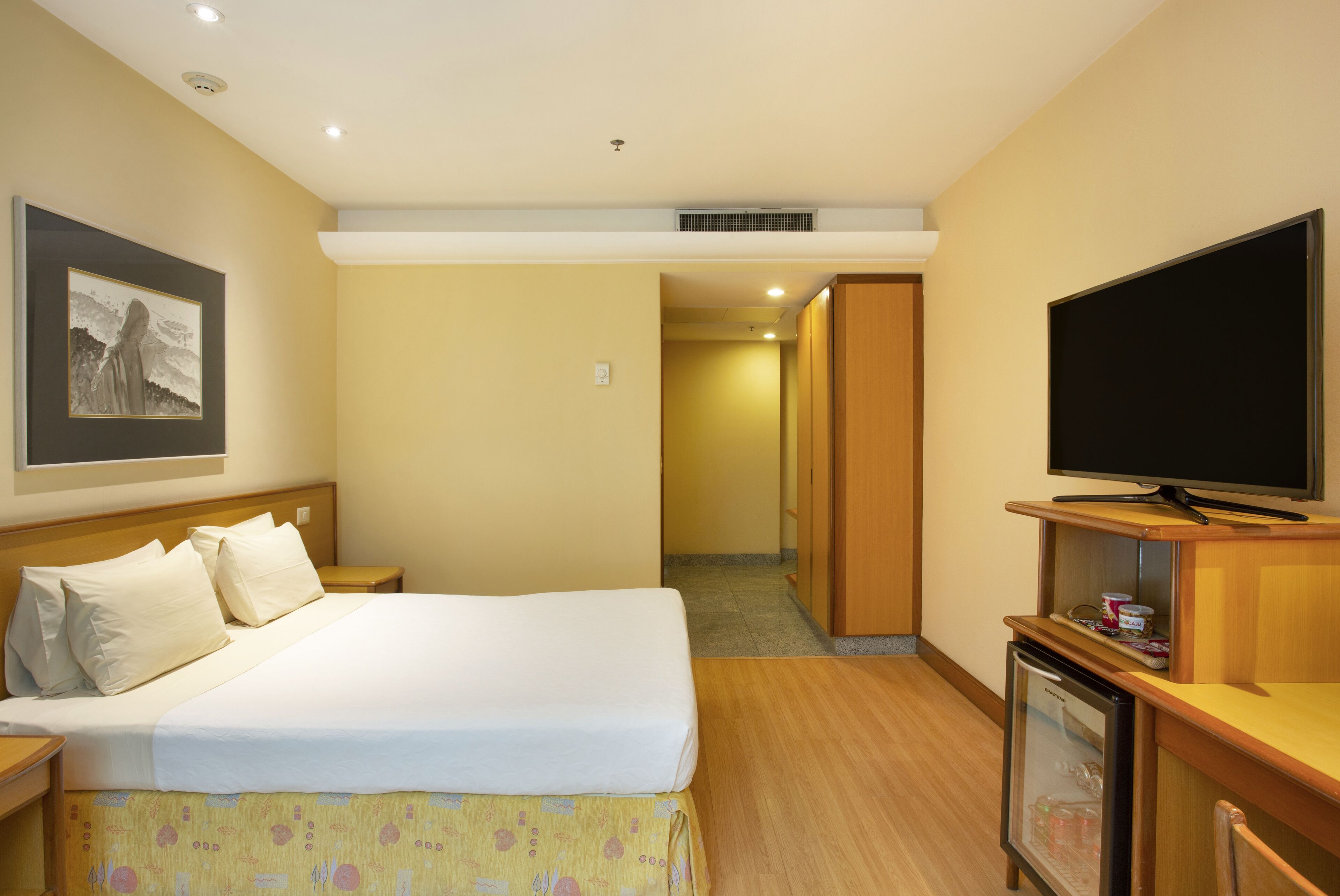 A hotel room with a bed, a television, a small refrigerator, and a hallway leading to a closet.