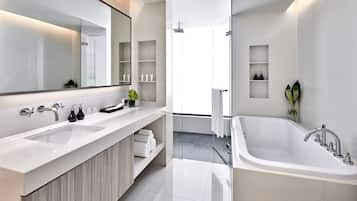 Designer toiletries, hair dryer, bathrobes, slippers