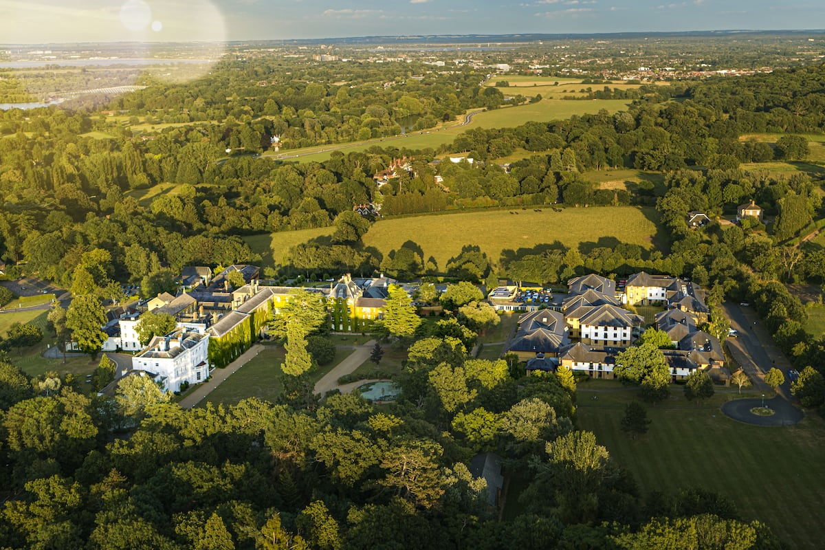 An aerial view of a residential area with multiple houses, green lawns, and trees.