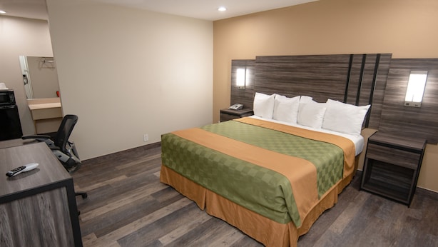 Una habitación de hotel con cama, mesitas de noche, escritorio y una silla.
