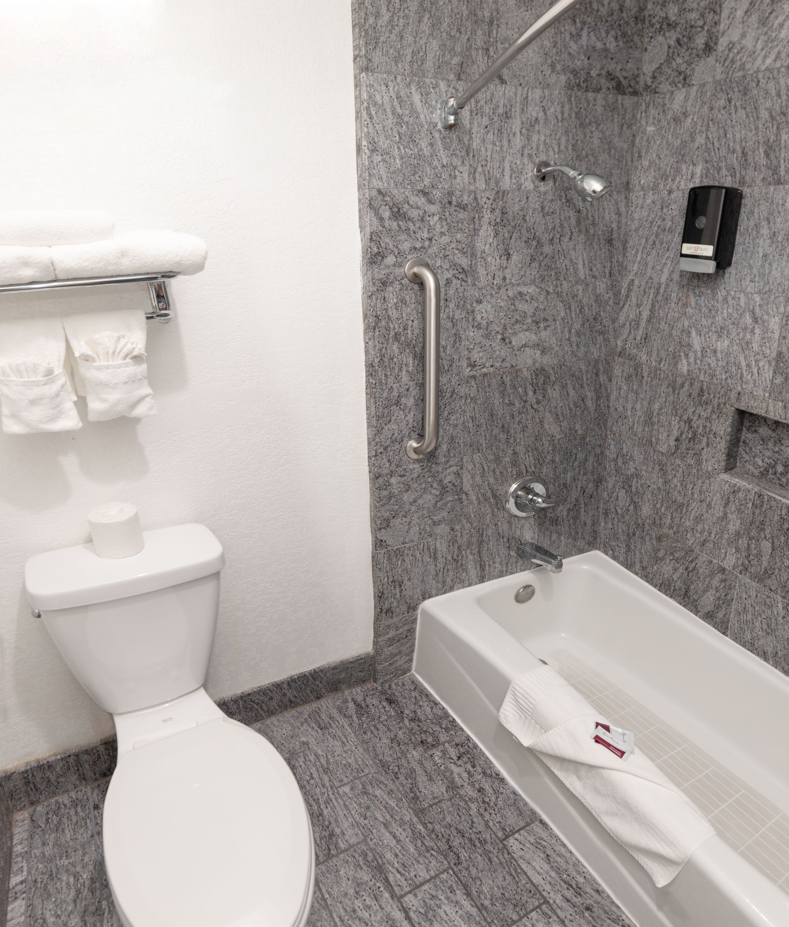 A modern bathroom with a toilet, a bathtub, and a shower area.