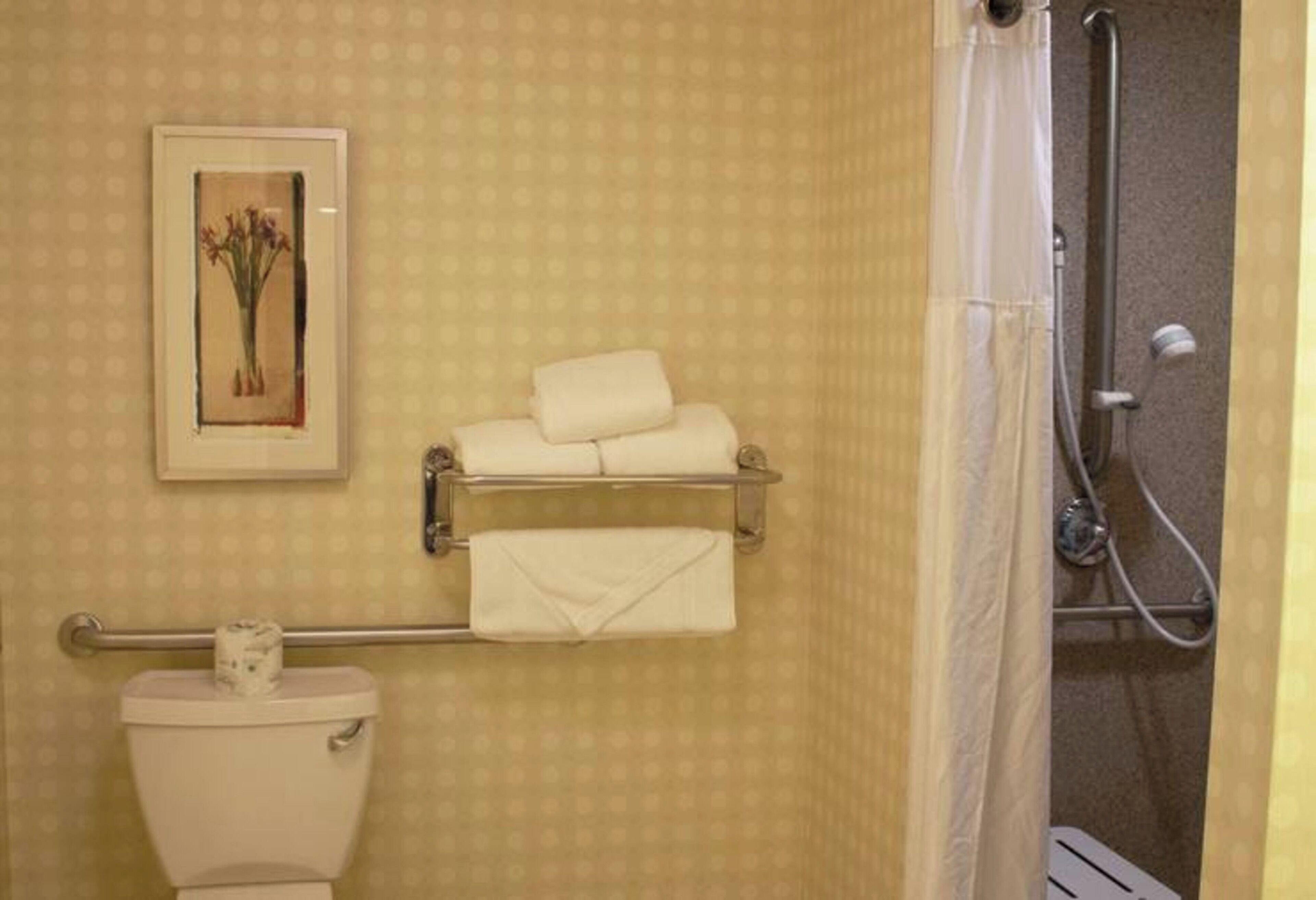 Une salle de bain comprenant des toilettes, un porte-serviettes avec des serviettes pliées, un tableau encadré au mur et un espace douche.