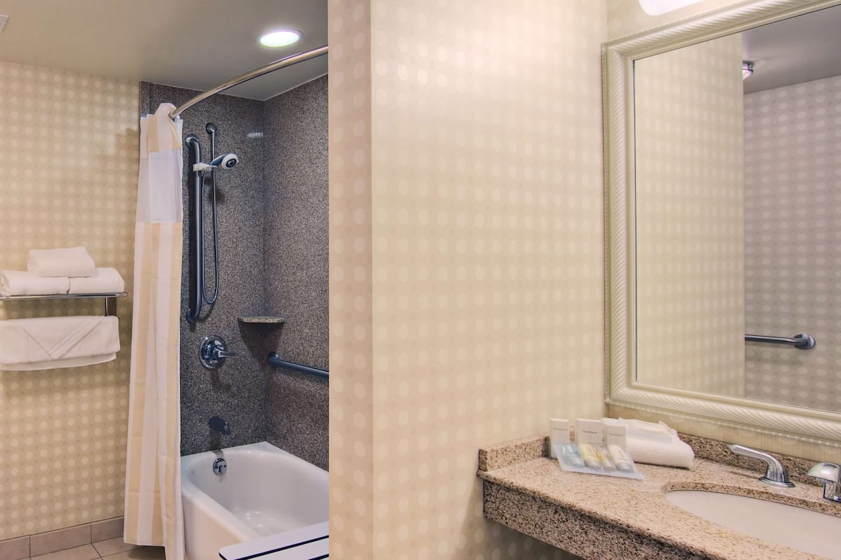 standard room | bathroom | combined shower/bathtub, designer toiletries, hair dryer, towels