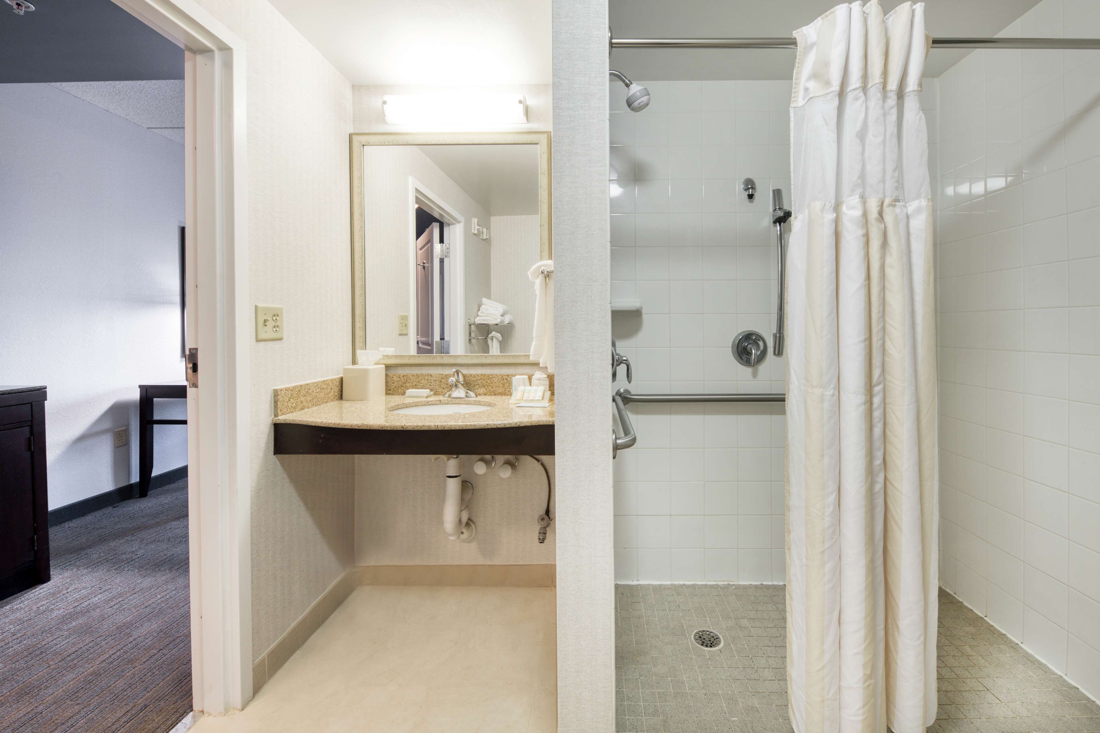 Un baño con lavamanos, espejo y ducha.