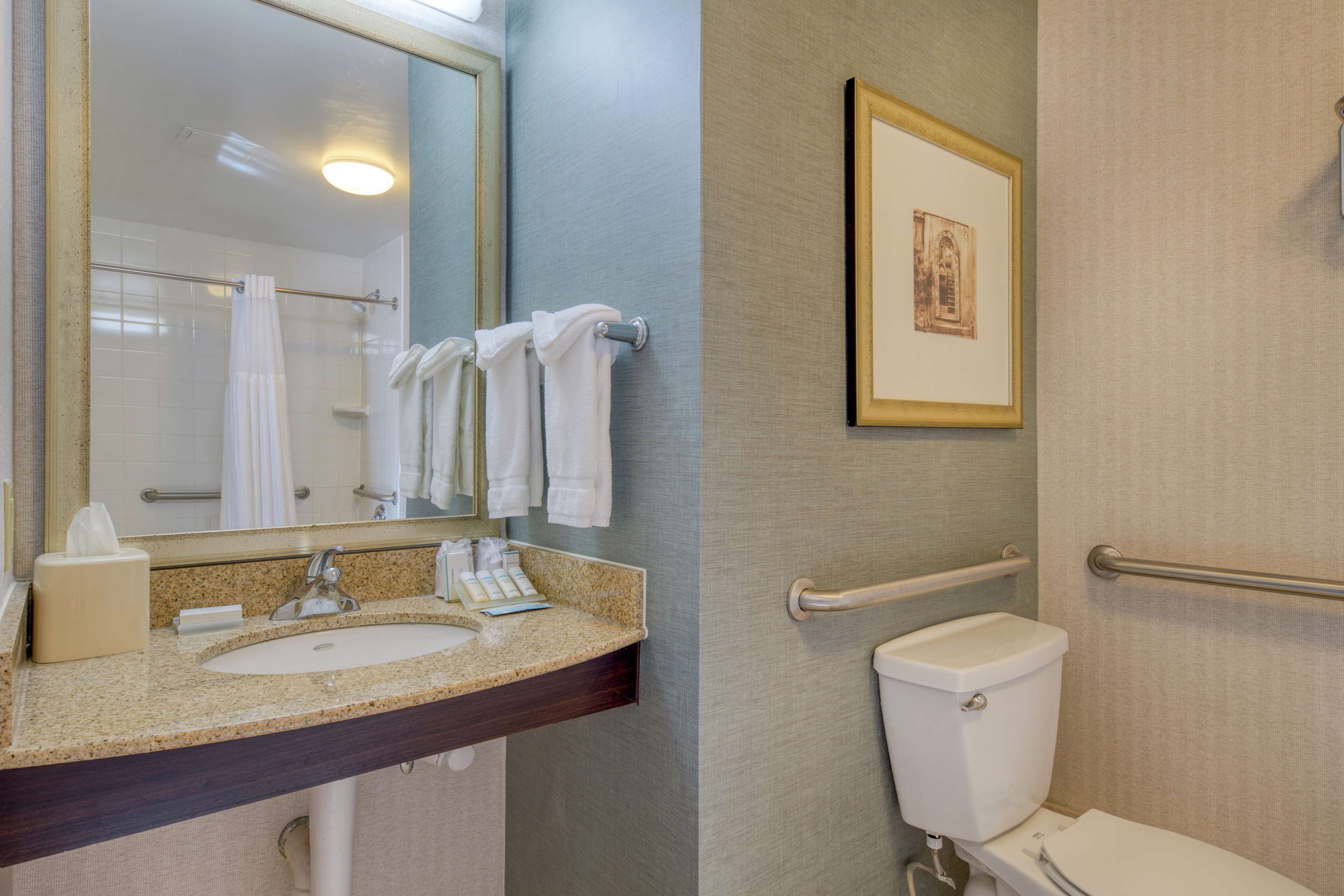 A bathroom with a sink, mirror, towel rack, toilet, and a framed picture on the wall.