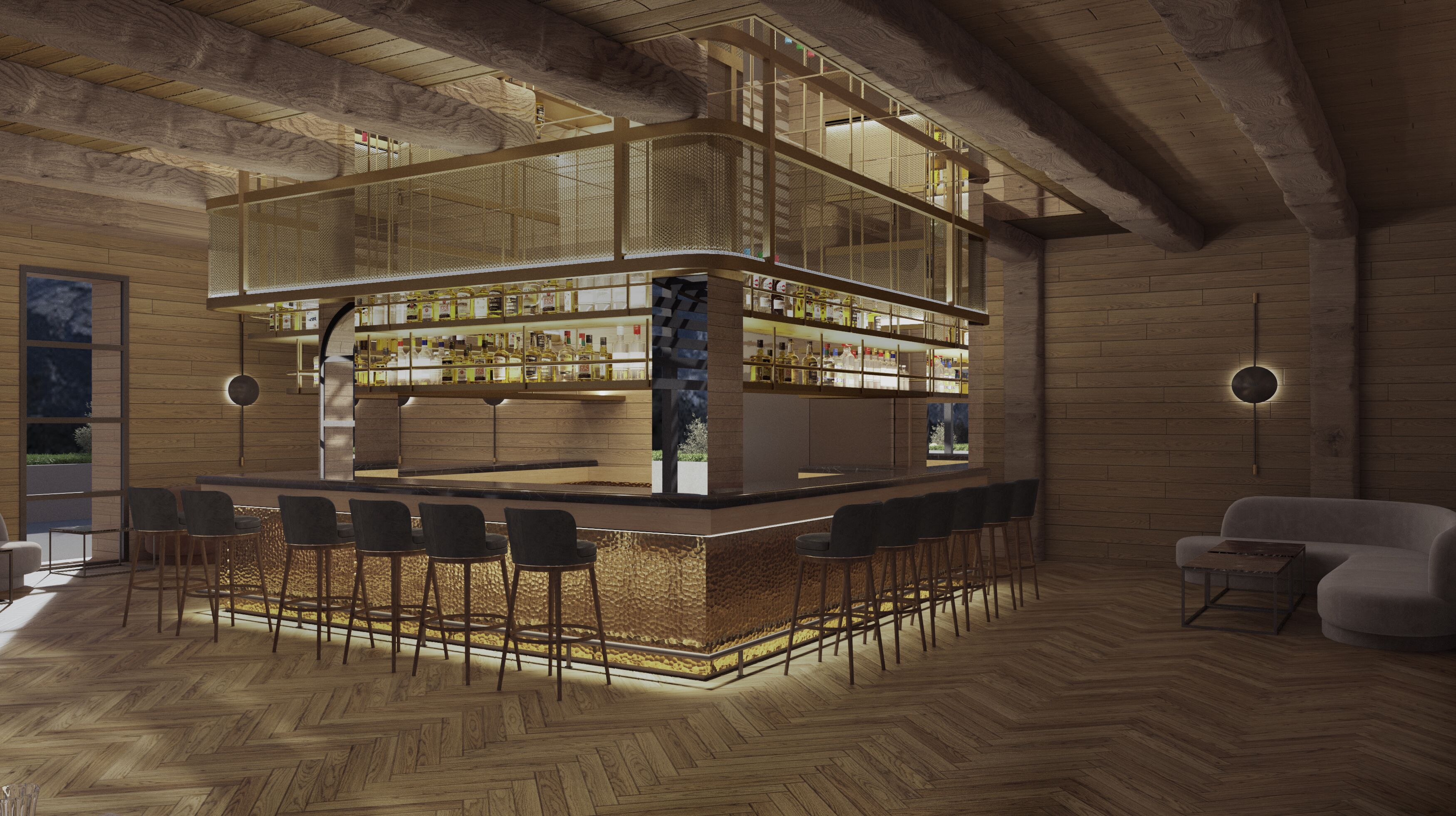 A modern bar area with a wooden herringbone floor, a central bar counter, and multiple seating options including bar stools and a sofa.