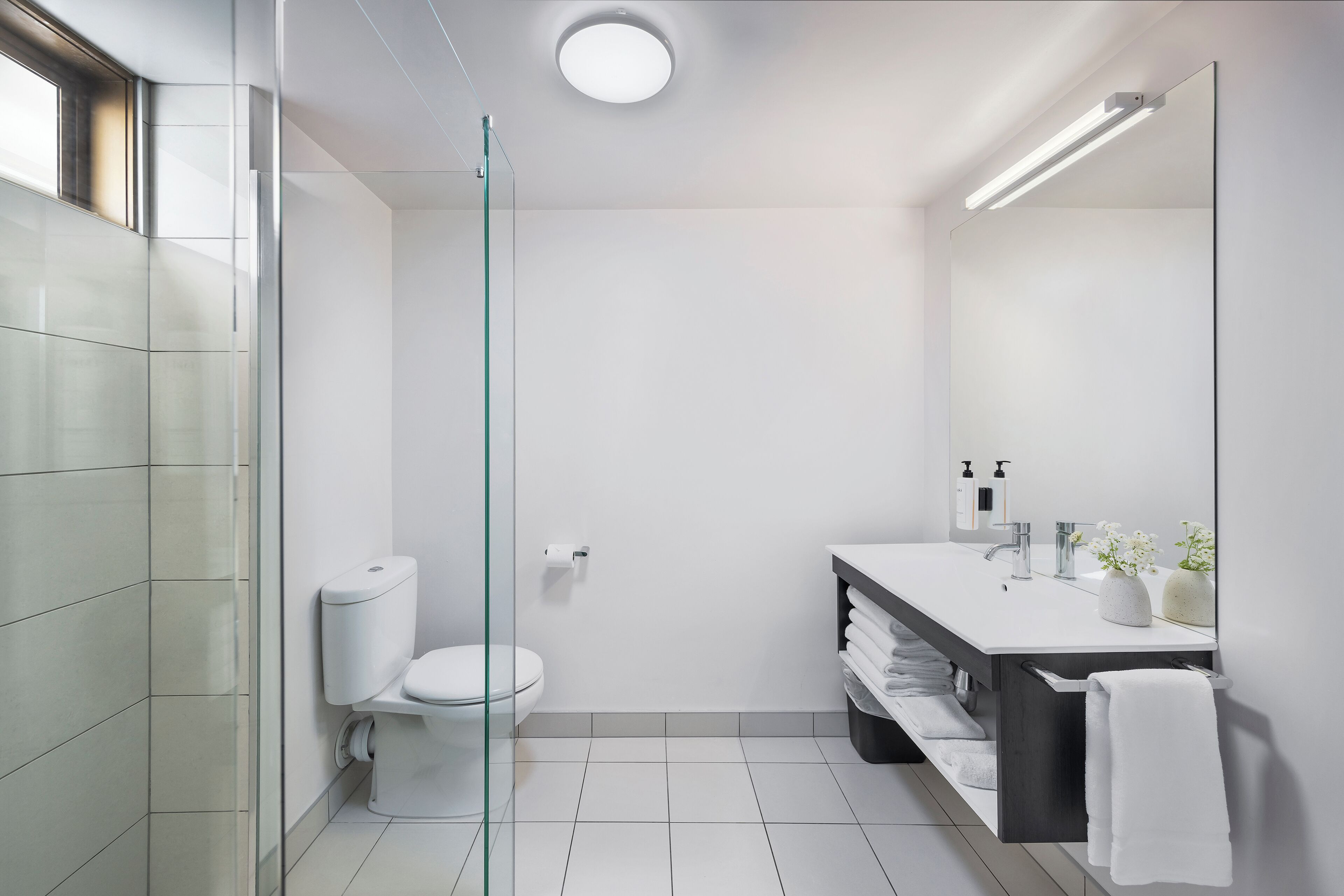 A modern bathroom with a glass shower enclosure, a toilet, a sink with a mirror, and a towel rack.