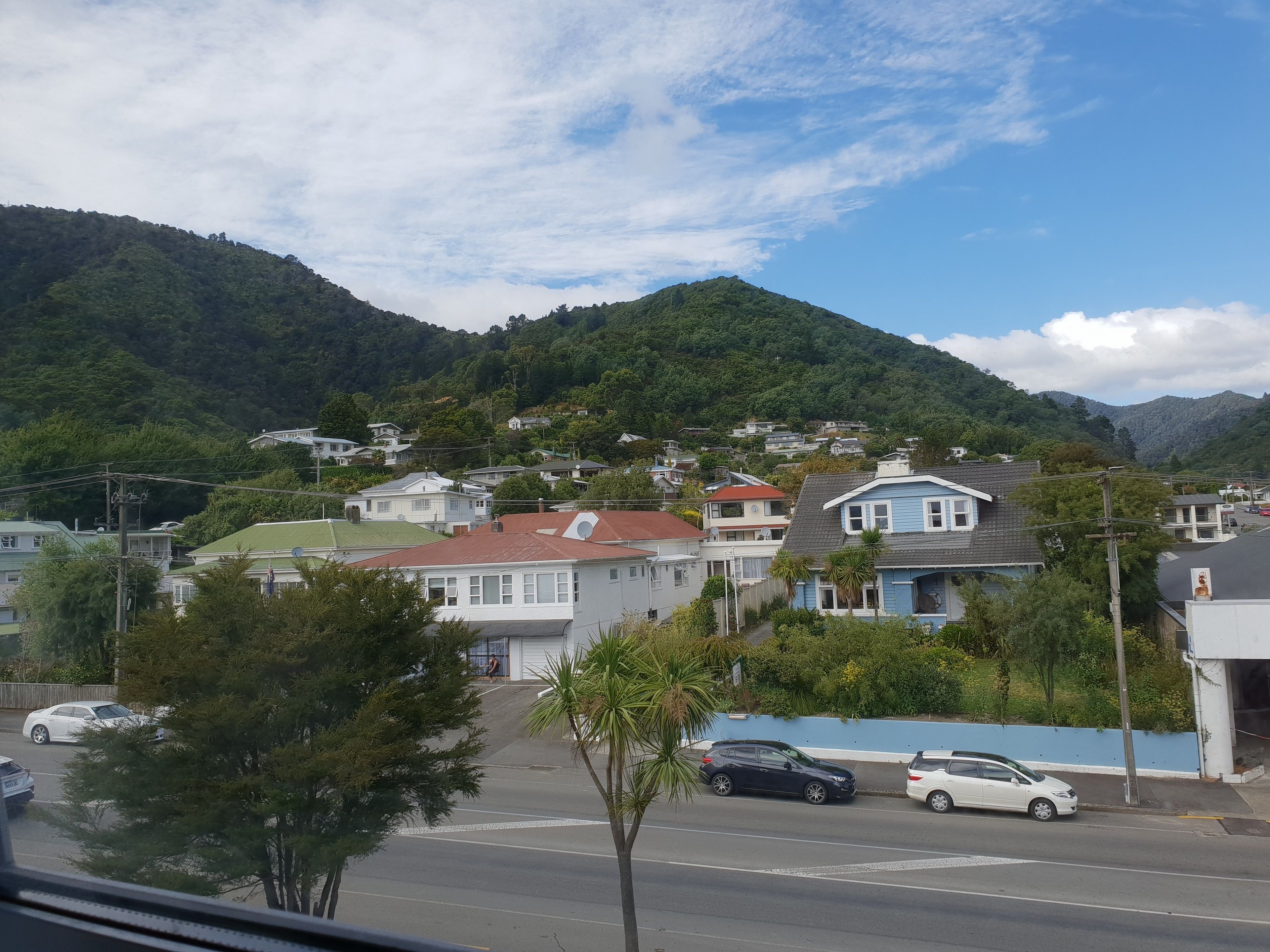 A residential area with houses, a street, and a mountain in the background.
