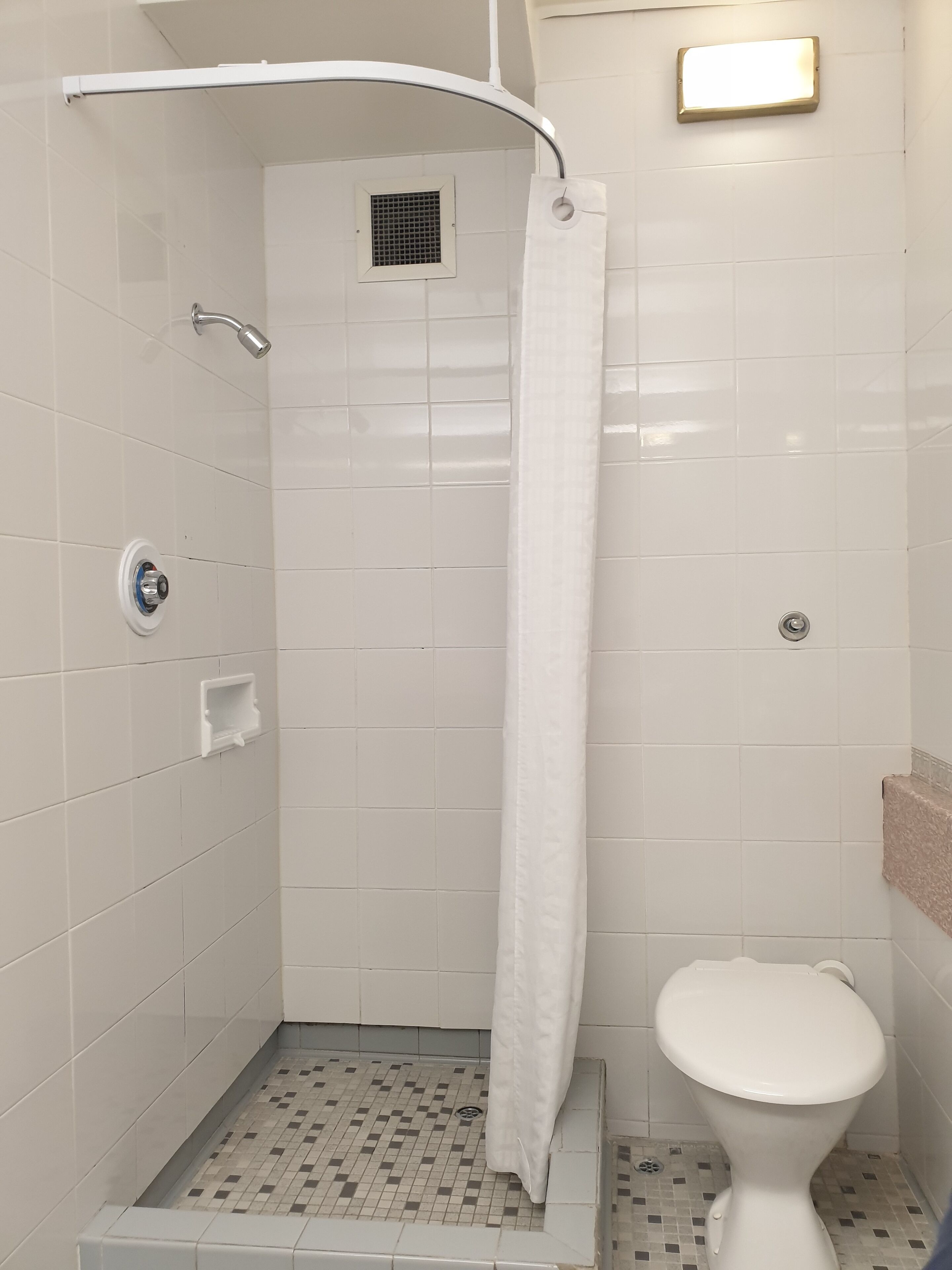 Een kleine betegelde badkamer met een douche, toilet en een lamp boven het toilet.