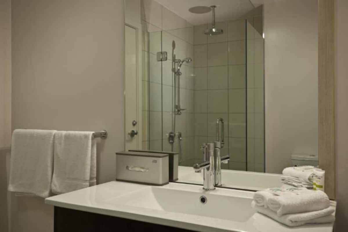 Shower, free toiletries, hair dryer, towels