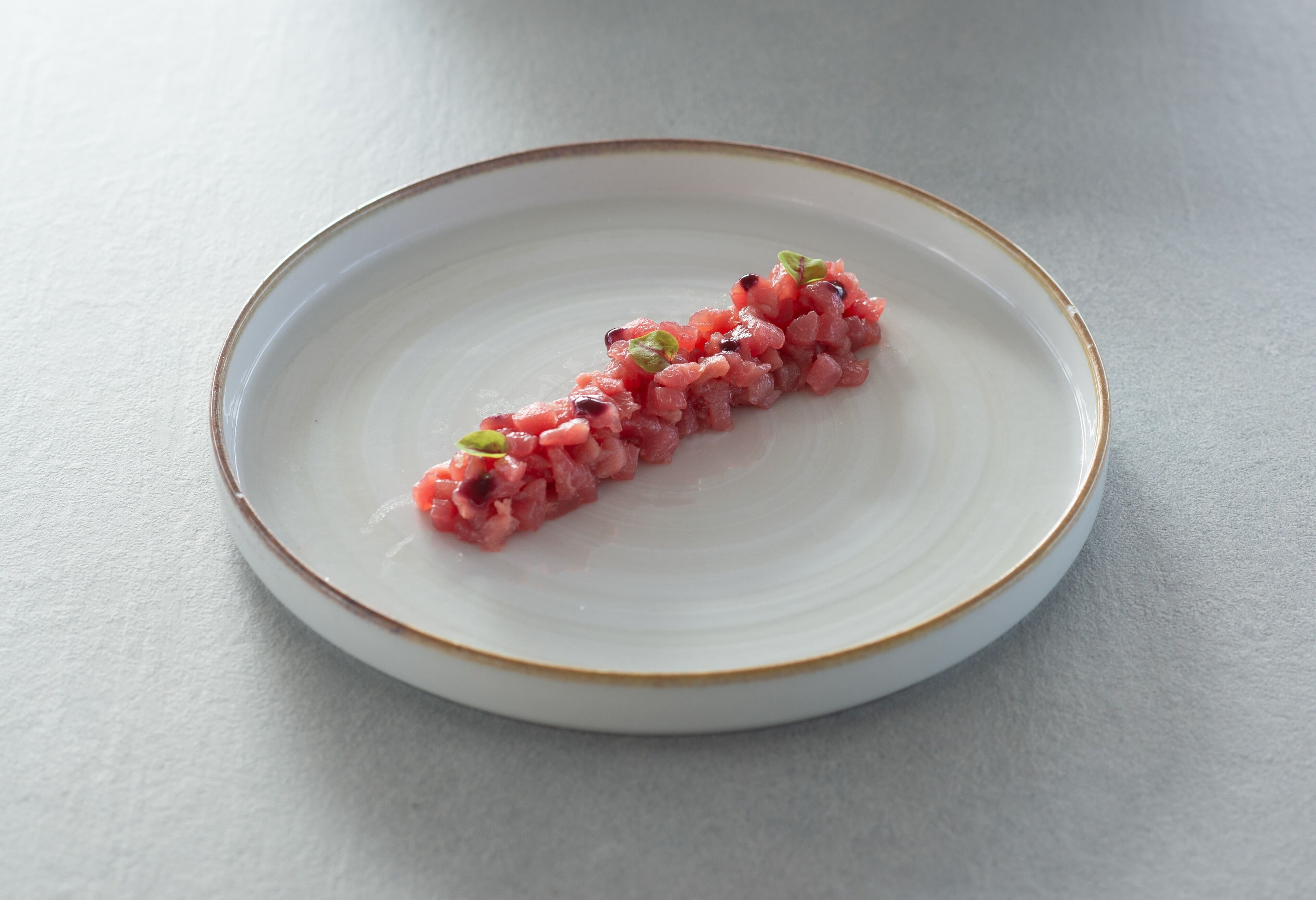 Un plato con comida sobre una superficie blanca.