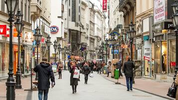 A busy urban street lined with various shops and buildings, including a visible McDonald's sign.