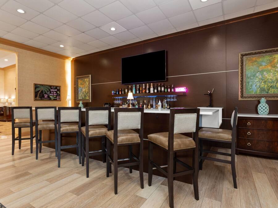 A bar area with wooden chairs, a television mounted on the wall, and a variety of bottles and glasses on shelves.