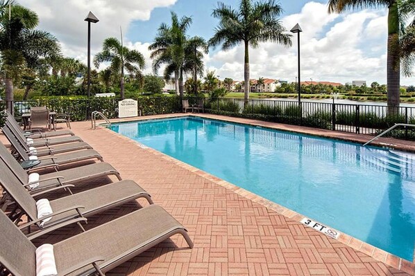 Une piscine avec des chaises longues et des palmiers.
