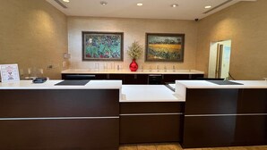 A modern kitchen with two sinks, a red vase, and two framed paintings on the wall. - Hawthorn Extended Stay by Wyndham West Palm Beach Airport (West Palm Beach)