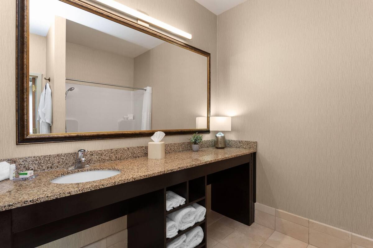 1 King Bed, Presidential, Mobility/Hearing Access Suite, Roll-In Shower, NSMK | เครื่องนอนระดับพรีเมียม, เตียงพร้อมฟูกเสริมที่นอน, ตู้นิรภัยในห้องพัก