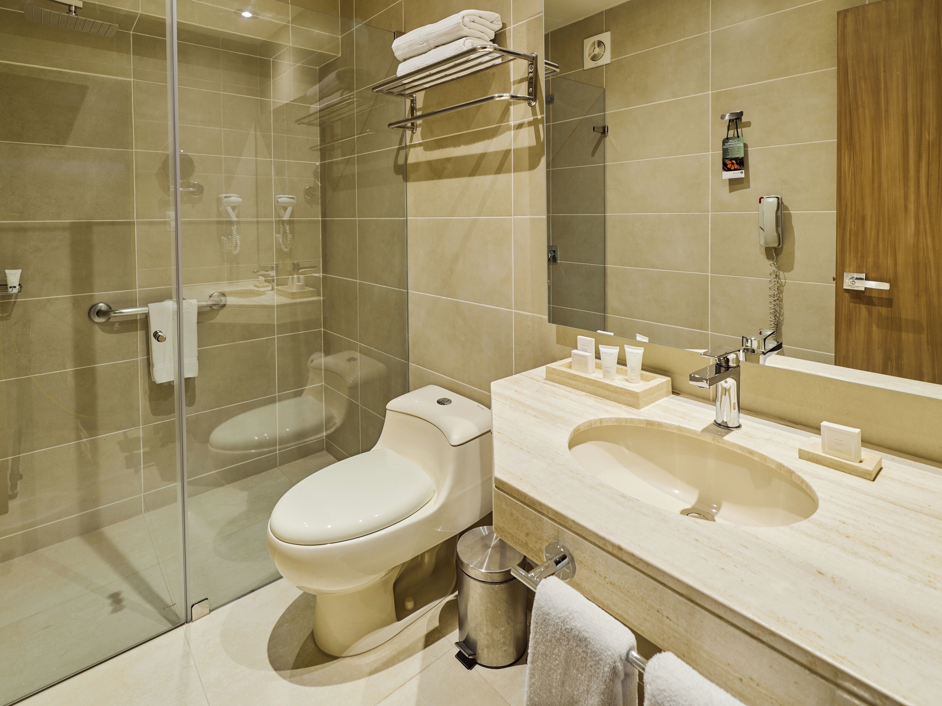 A modern bathroom with a glass-enclosed shower, a toilet, a sink with a vanity, and a mirror.