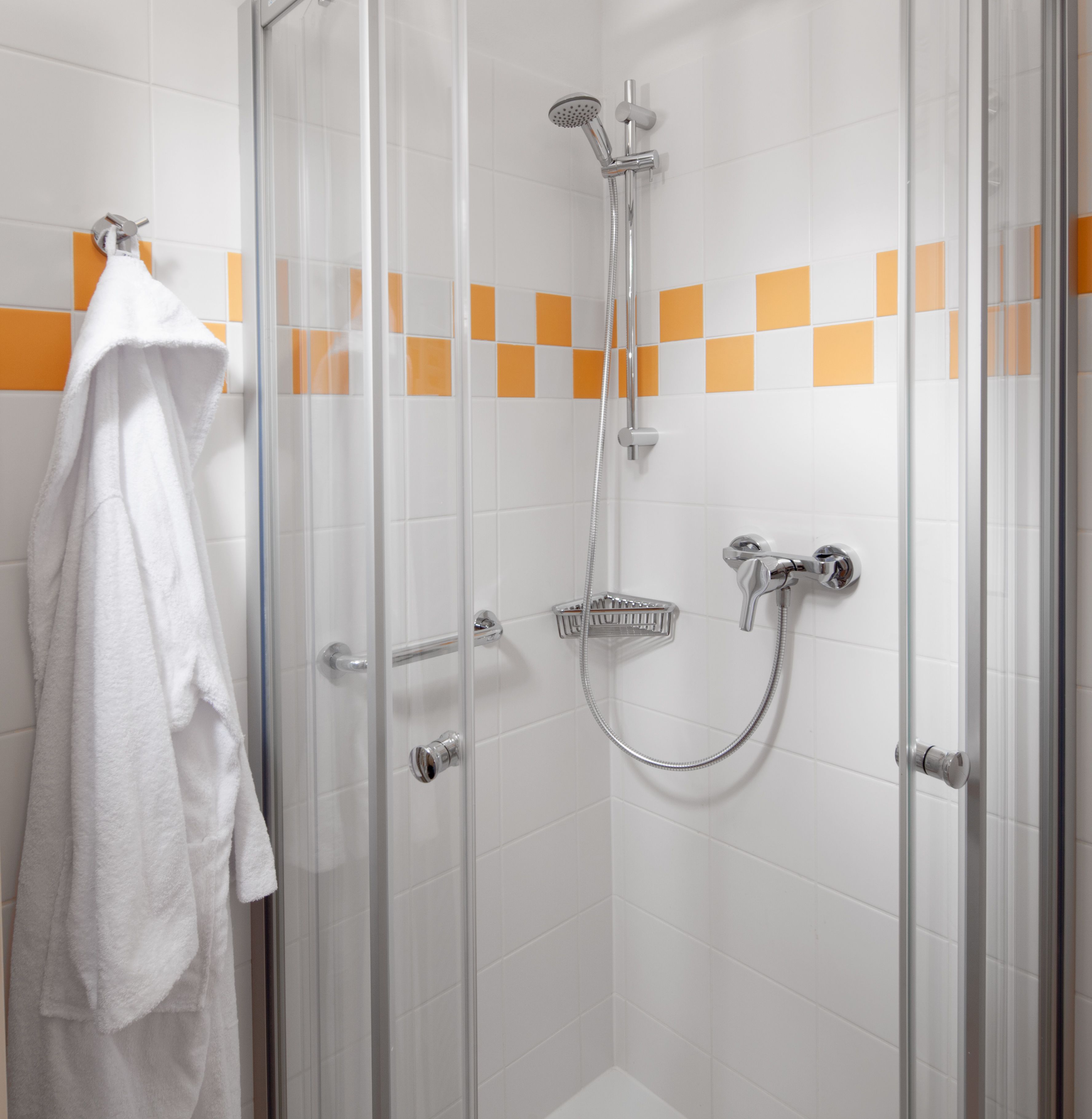 A glass-enclosed shower area with a handheld showerhead and a wall-mounted faucet.