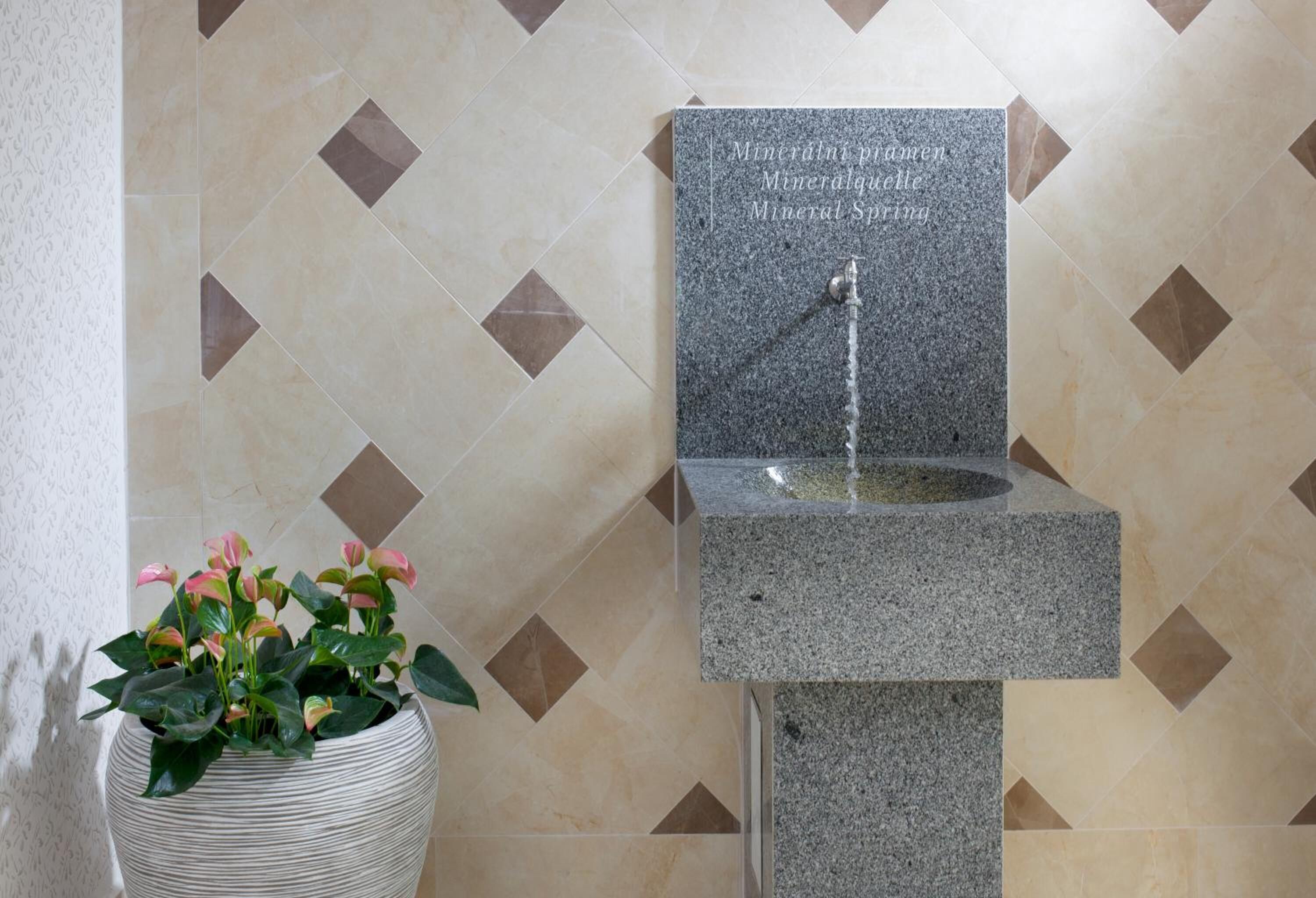 A bathroom with a granite sink and a decorative planter with flowers.