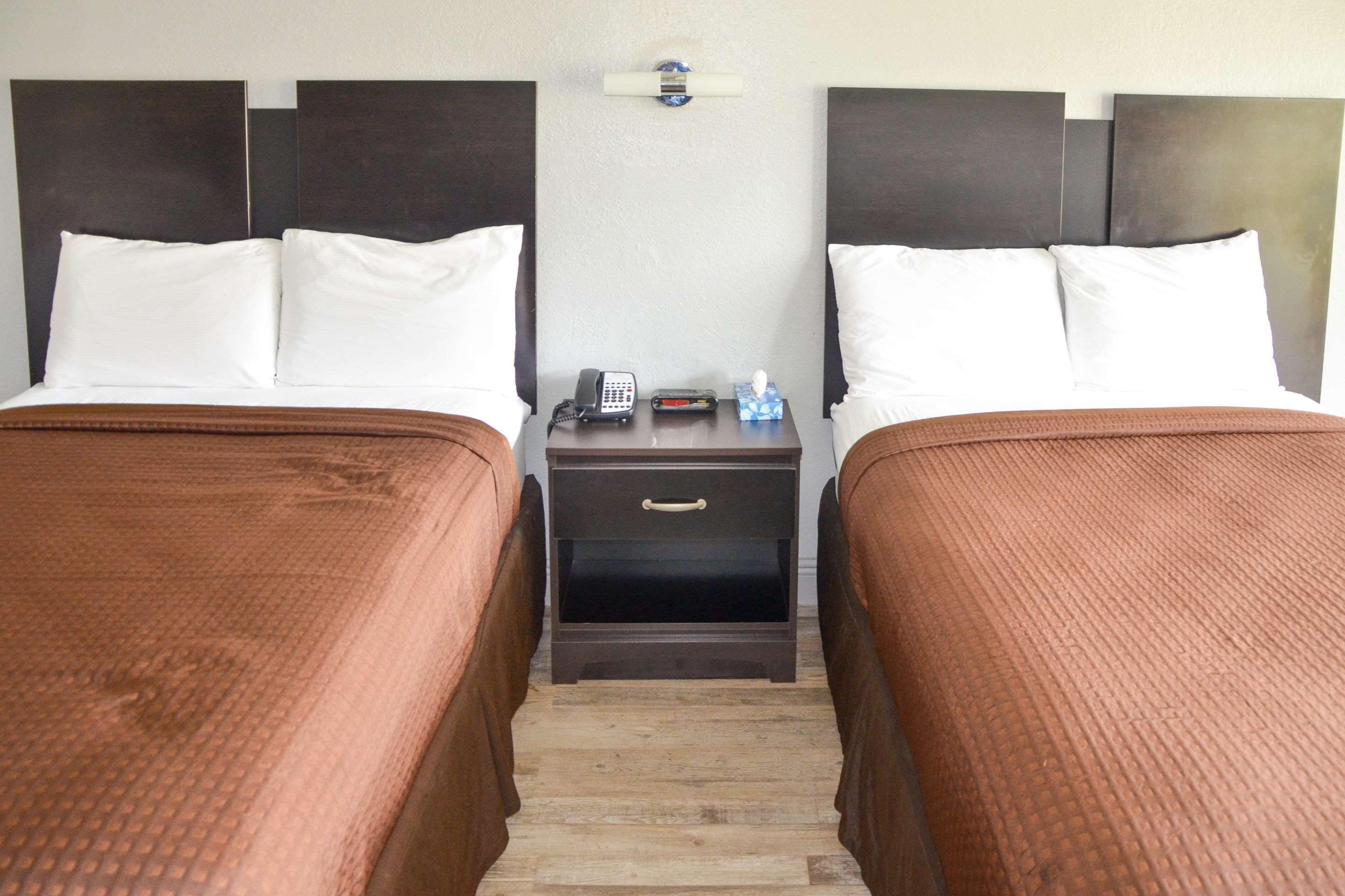 Une chambre d’hôtel avec deux lits, chacun agrémenté d’oreillers blancs et de draps bruns. Une table de chevet se trouve entre les lits, sur laquelle reposent un téléphone, des télécommandes et une boîte de mouchoirs.