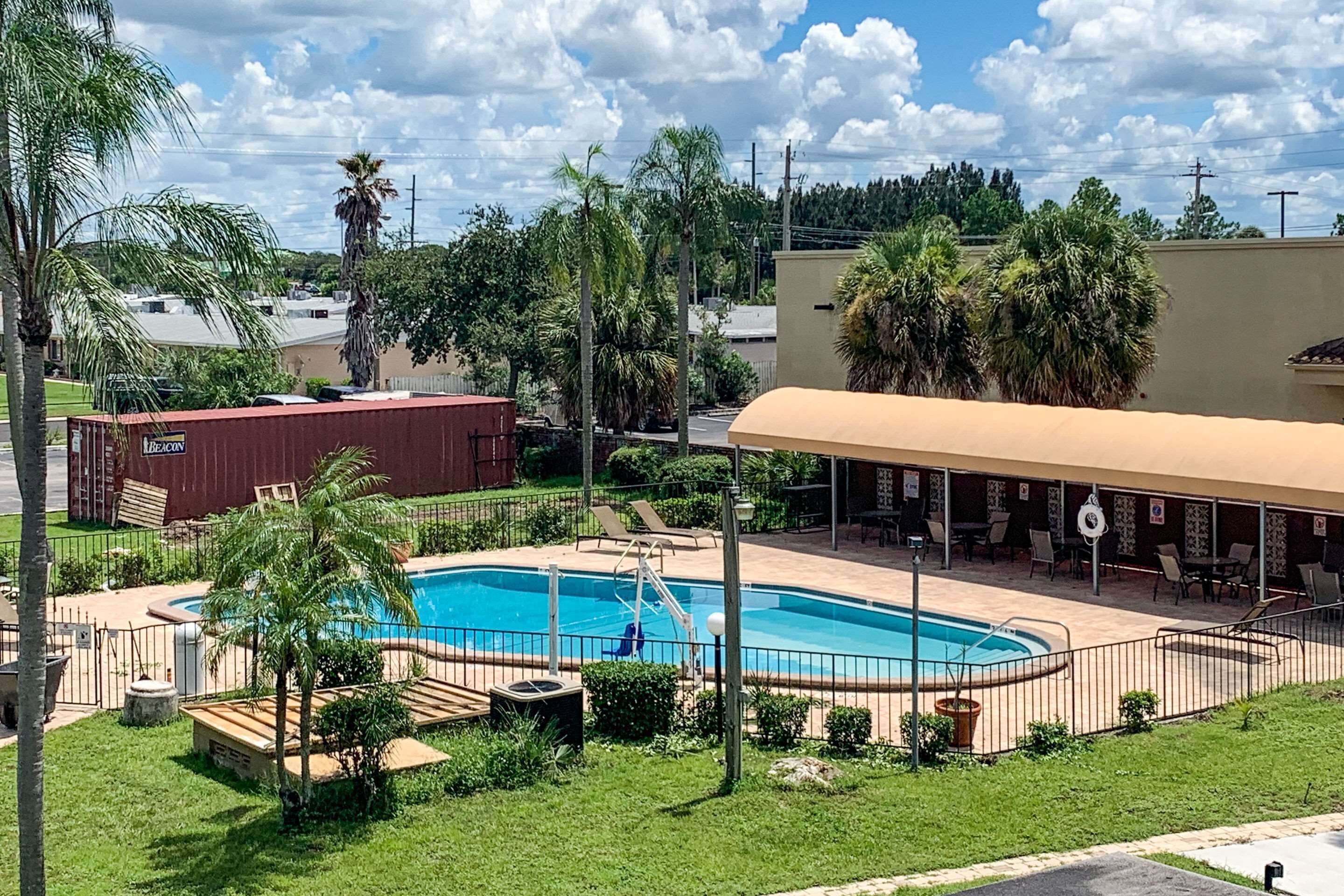 A swimming pool with a sun deck, surrounded by palm trees and a covered seating area.